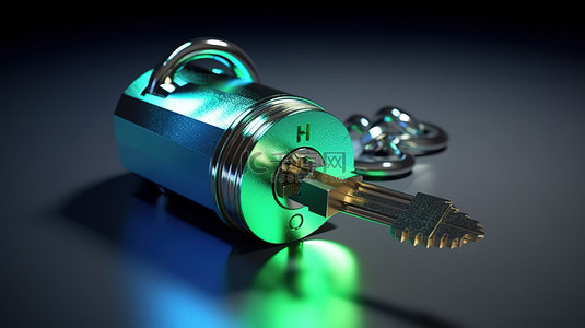 安全挂锁和钥匙 3D 渲染金属钥匙的插图，旁边是带孔的蓝色和绿色锁