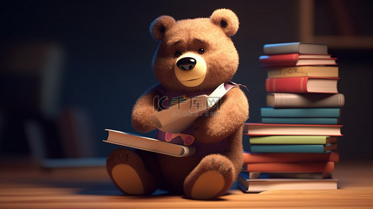 可爱的熊用 3d 渲染的书学习