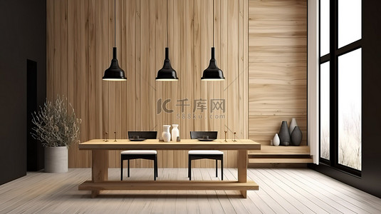 室内场景和模型用餐区，白色和木墙 3d 渲染图
