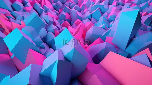 蓝色海浪形状背景图片_3D 渲染蓝色粉色和紫色几何形状的抽象插图