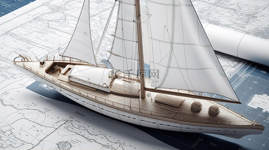 带有 3d 渲染帆船的帆船计划的顶视图