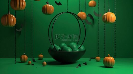 怪异的 3D 万圣节场景节日讲台挂球和绿色装饰背景