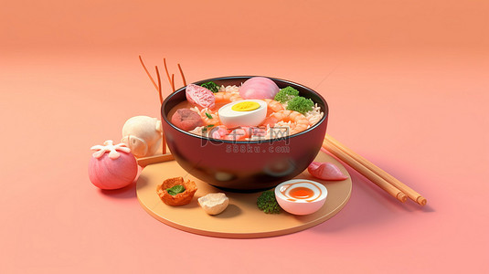 粉红色背景增强了日本料理的 3D 渲染效果