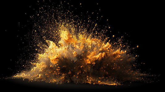 金黄色粒子在黑色背景下以惊人的 3D 渲染爆炸