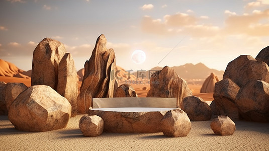 沙漠背景背景图片_沙漠岩石的 3D 渲染插图使产品展示栩栩如生