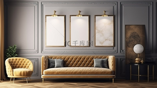 豪华客厅室内设计 3d 渲染和现代沙发和扶手椅在时尚框架模型中的插图