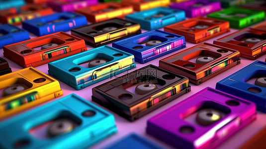 紫色背景音乐背景图片_3D 渲染无缝图案，配有老式盒式磁带