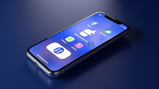 电话标志背景图片_3D 渲染蓝色背景模型，带有电话和 Facebook 徽标