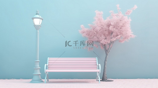 路灯和公园长椅的柔和蓝色和粉色单色 3D 渲染