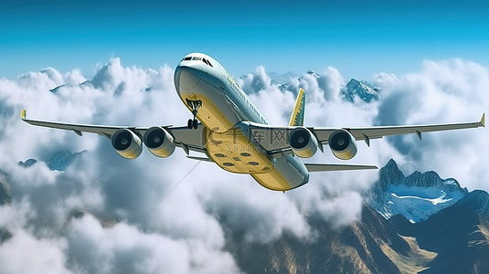 可爱山顶背景图片_从 3D 渲染的飞机上鸟瞰山峰和云彩是一个迷人的旅行概念