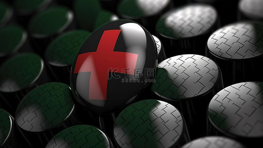 红十字图标中带有绿色复选标记的黑色盾牌的 3D 渲染