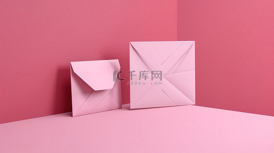 用粉红色背景上的空白卡打开粉红色信封 3D 渲染插图