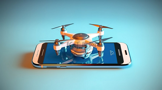 科技小图标背景图片_多旋翼相机无人机从手机屏幕发射，蓝色背景上有直升机图标，3D 创建