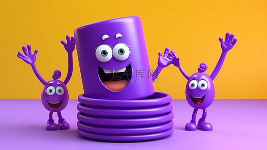 螺旋状的手在紫色 3D 背景下拍打有趣的卡通人物