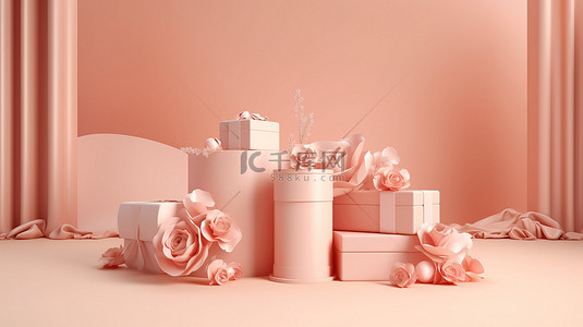 柔和的米色和粉色 3D 讲台上的玫瑰花和礼物