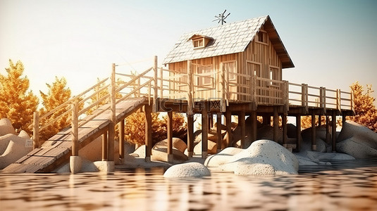 连接到建筑物外部的阳光明媚的木桥的 3D 插图
