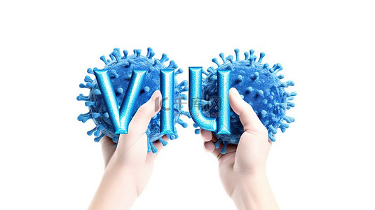 白色背景上持有病毒文本的蓝色丁腈防护手套的 3D 渲染和照片
