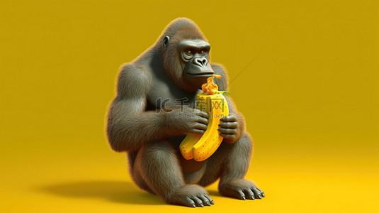 有趣的 3D 大猩猩抓着美味的香蕉