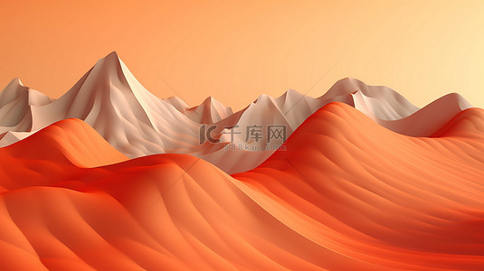 通过 3D 插图和渲染创建的具有自发山峰的超现实景观橙色背景