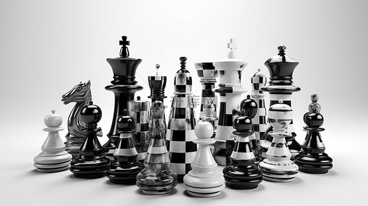 黑白棋子背景图片_在白色背景上隔离的黑白棋盘的 3D 渲染