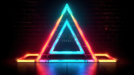荧光蓝荧光背景图片_充满活力的霓虹灯三角形的 3D 渲染照亮了黑暗的房间