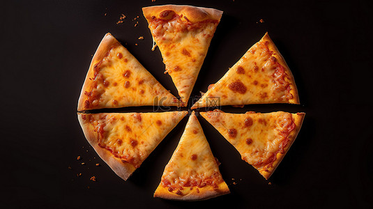 平坦背景上完美切片的奶酪披萨，具有四个奶酪披萨的 3D 渲染