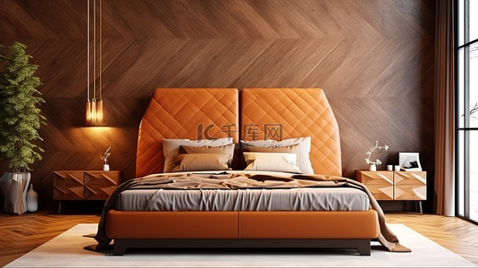 床和被子背景图片_装饰艺术风格的豪华床，配有绗缝细节和 3D 渲染的镶木地板床头板，适合现代卧室