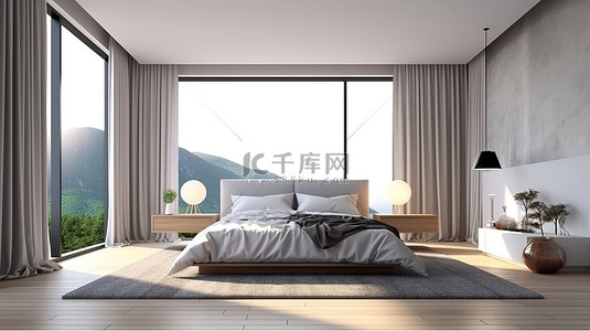 客房背景图片_具有现代室内设计的日光现代卧室的 3D 插图