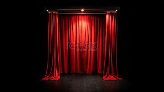 照相馆布背景图片_黑色背景下带有红色窗帘和体积光的照相亭的 3D 渲染