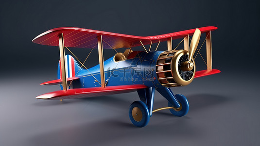 具有复古风格的现代双翼飞机，蓝红色和金色的 3D 渲染图