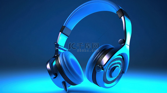 蓝色耳机的 3D 渲染插图，在孤立的蓝色背景下带有问号