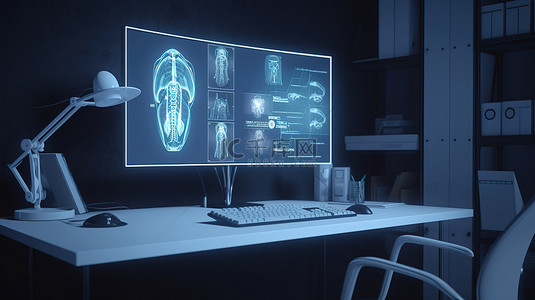 癌症医疗背景图片_在 3d 渲染中在桌面界面上可视化健康软件