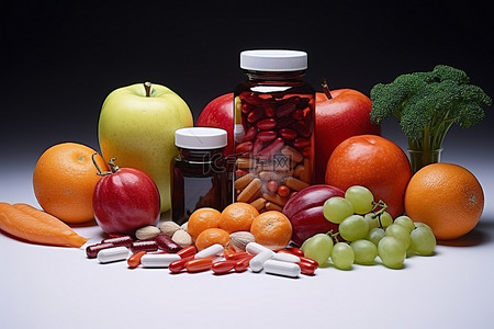 补充瓶背景图片_一瓶含有维生素补充剂胡萝卜和水果的药物