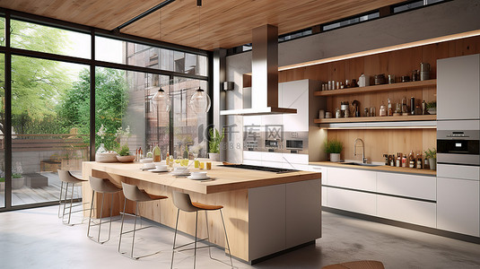 现代厨房配有内置电器白色硬木装饰和光滑的混凝土吧台顶部 3D 渲染设计