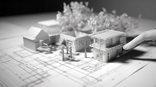 手绘建筑房子背景图片_从手绘草图到最终项目建筑创意过程的 3D 插图