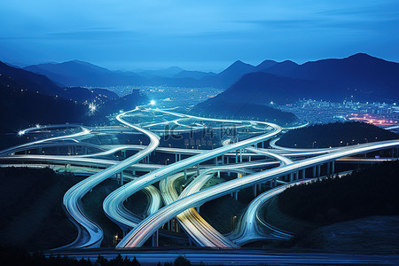长城竖图背景图片_夜间有许多车道的高速公路