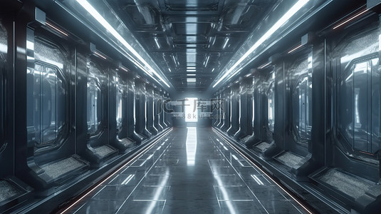太空时代的未来 3D 渲染中超现实的空走廊