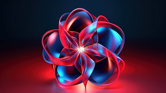 辐射几何形状和红色花朵以大胆的红色和蓝色色调 3D 渲染照亮