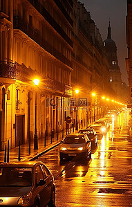 巴黎夜景背景图片_巴黎夜晚的一条街道上行驶着汽车