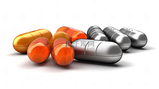 各种灰色和橙色片剂膳食补充剂或药物