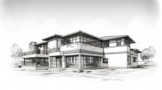 透视 3D 线框现代建筑中房屋的插图草图