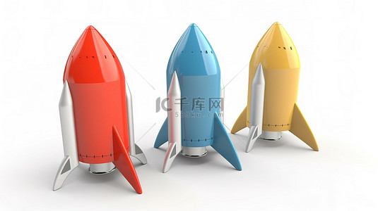 多色发射背景图片_白色背景上 3d 渲染中的三个多色火箭