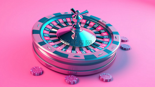 粉红色背景赌场筹码和蓝色轮盘赌轮双色调风格 3D 渲染