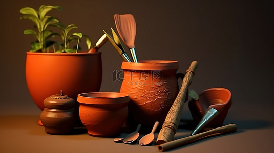 花浇水背景图片_园林工具和陶罐的 3d 渲染