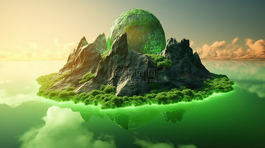 火山插图背景图片_充满活力的 3D 插图迷人的绿色岛屿悬浮在火热的星球上空，远处有喷发的岩石