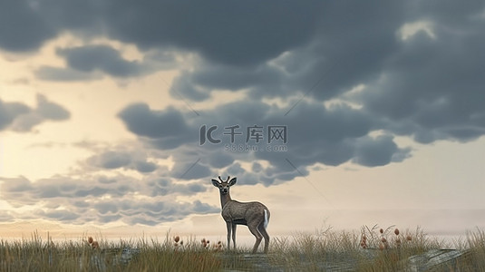 鹿的轮廓背景图片_雄伟的鹿在令人惊叹的 3D 多云天空中映衬出轮廓