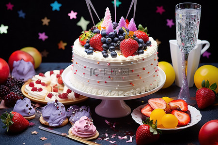 气球糖果背景图片_一个蛋糕，蛋糕旁边有鲜花和气球杯