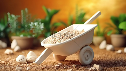 农具背景图片_用于园艺和建筑的粘土风格白色独轮车的 3D 渲染