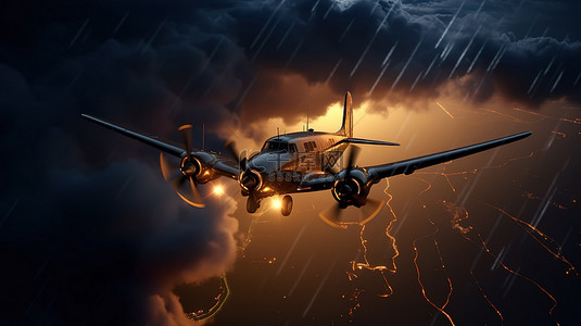 夜间飞行穿过闪电和雷暴的 3d 插图