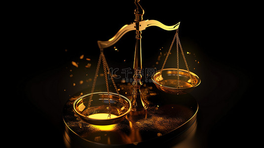 法官法庭背景图片_正义的金色天平描绘正义徽章的 3D 插图